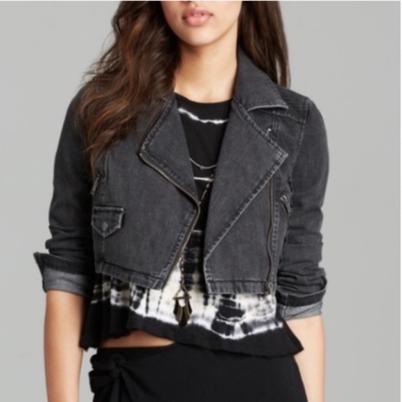 Free People James Dean Black Cropped Denim Moto Jacket
